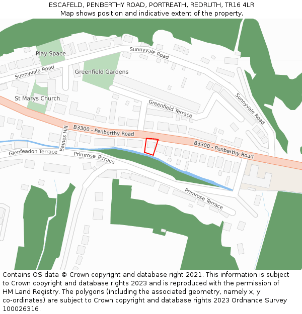 ESCAFELD, PENBERTHY ROAD, PORTREATH, REDRUTH, TR16 4LR: Location map and indicative extent of plot