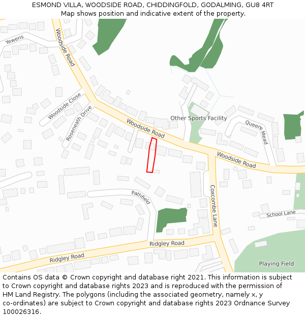 ESMOND VILLA, WOODSIDE ROAD, CHIDDINGFOLD, GODALMING, GU8 4RT: Location map and indicative extent of plot