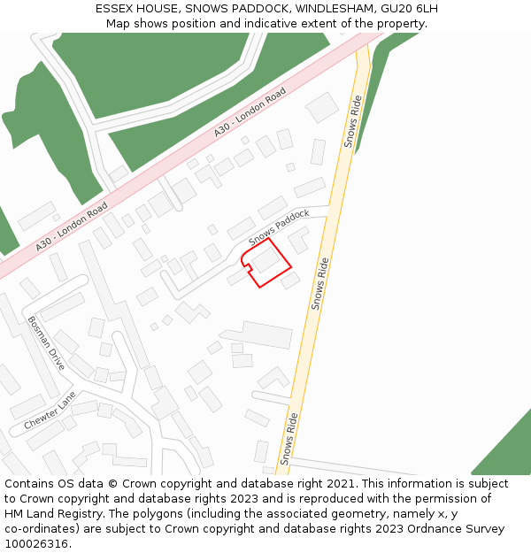 ESSEX HOUSE, SNOWS PADDOCK, WINDLESHAM, GU20 6LH: Location map and indicative extent of plot