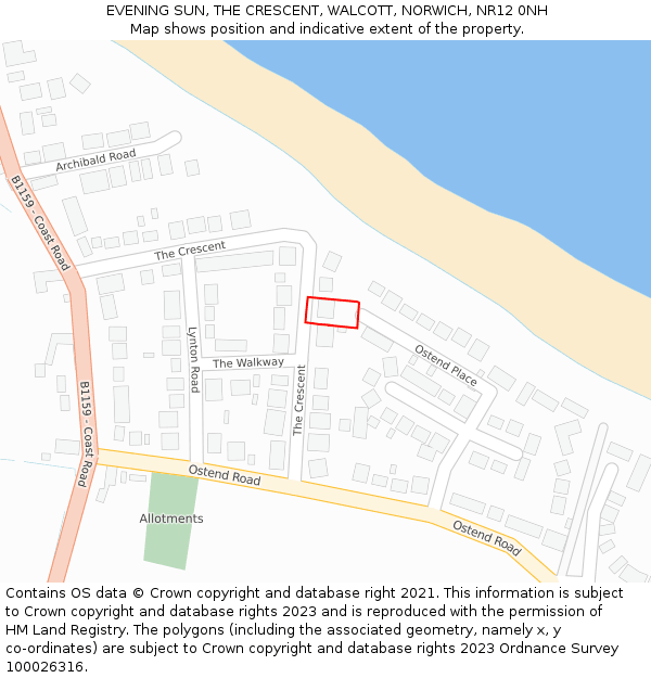 EVENING SUN, THE CRESCENT, WALCOTT, NORWICH, NR12 0NH: Location map and indicative extent of plot