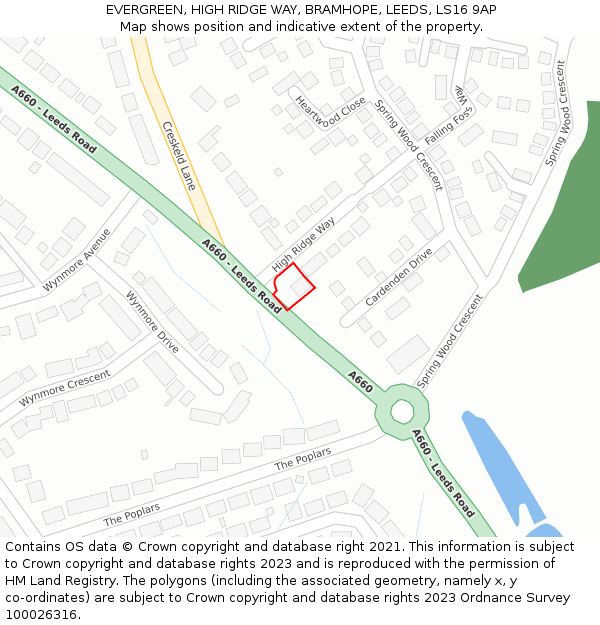 EVERGREEN, HIGH RIDGE WAY, BRAMHOPE, LEEDS, LS16 9AP: Location map and indicative extent of plot