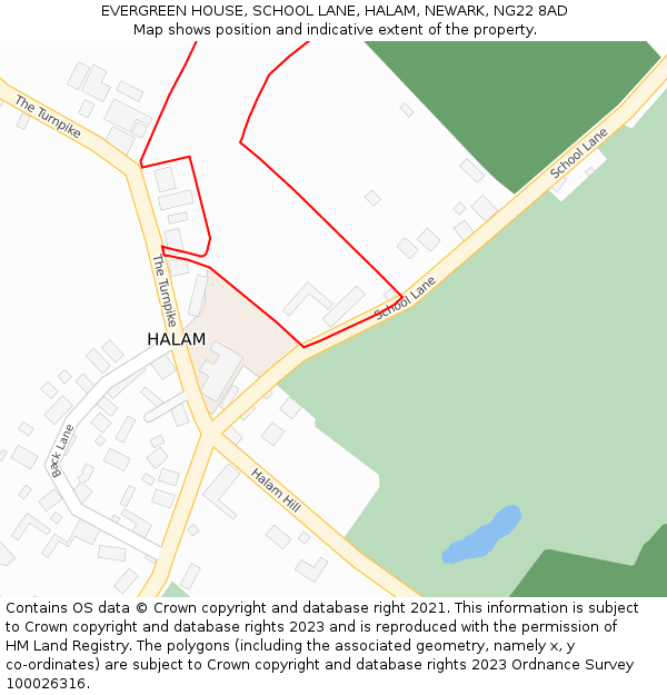 EVERGREEN HOUSE, SCHOOL LANE, HALAM, NEWARK, NG22 8AD: Location map and indicative extent of plot