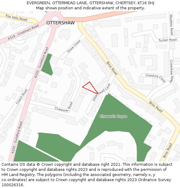 EVERGREEN, OTTERMEAD LANE, OTTERSHAW, CHERTSEY, KT16 0HJ: Location map and indicative extent of plot