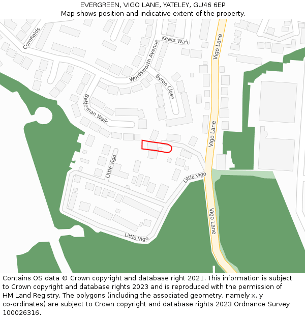 EVERGREEN, VIGO LANE, YATELEY, GU46 6EP: Location map and indicative extent of plot