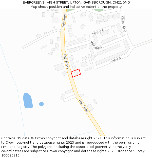 EVERGREENS, HIGH STREET, UPTON, GAINSBOROUGH, DN21 5NQ: Location map and indicative extent of plot