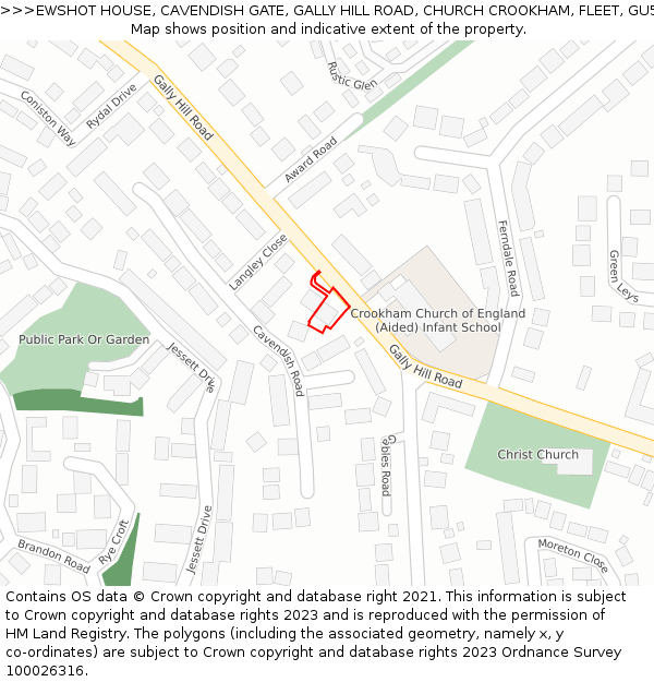 EWSHOT HOUSE, CAVENDISH GATE, GALLY HILL ROAD, CHURCH CROOKHAM, FLEET, GU52 6PU: Location map and indicative extent of plot