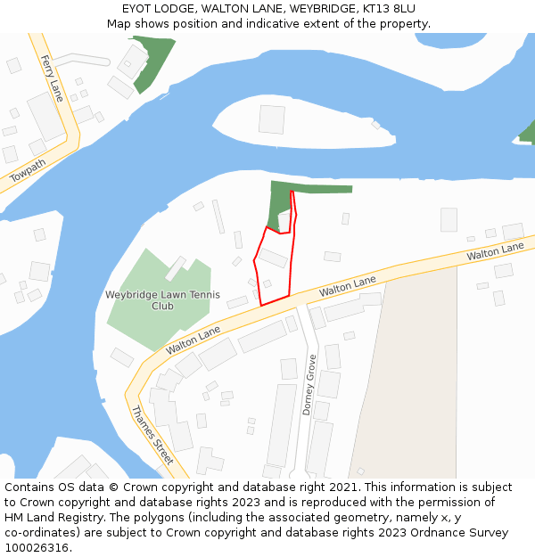 EYOT LODGE, WALTON LANE, WEYBRIDGE, KT13 8LU: Location map and indicative extent of plot