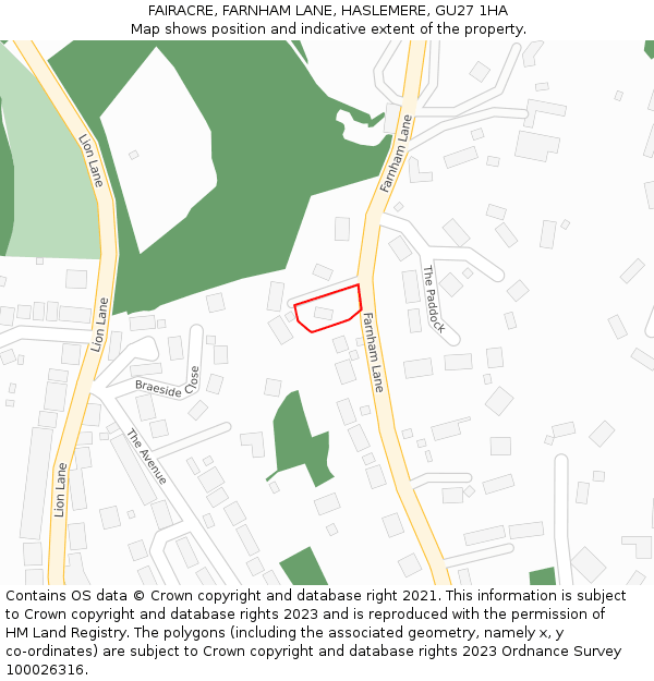 FAIRACRE, FARNHAM LANE, HASLEMERE, GU27 1HA: Location map and indicative extent of plot