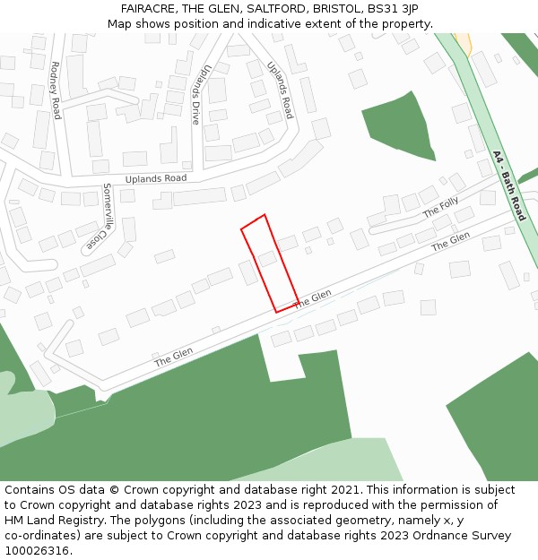 FAIRACRE, THE GLEN, SALTFORD, BRISTOL, BS31 3JP: Location map and indicative extent of plot