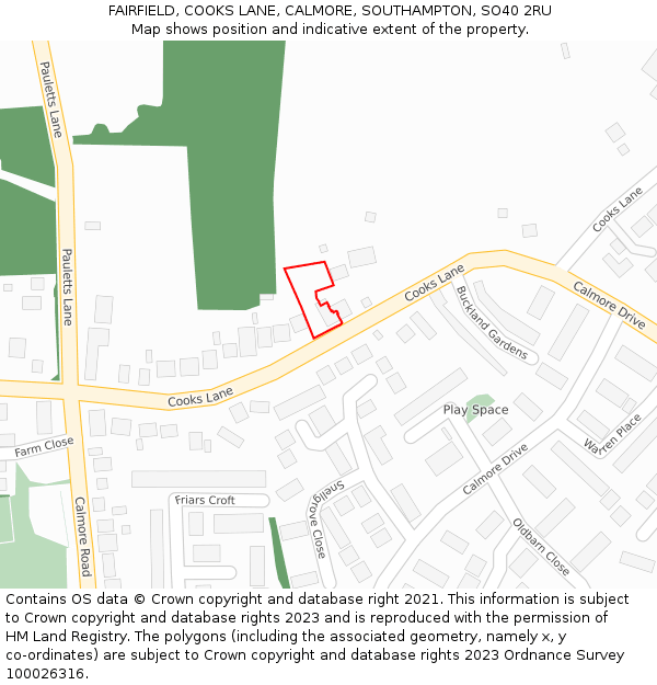 FAIRFIELD, COOKS LANE, CALMORE, SOUTHAMPTON, SO40 2RU: Location map and indicative extent of plot