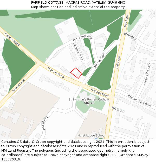 FAIRFIELD COTTAGE, MACRAE ROAD, YATELEY, GU46 6NQ: Location map and indicative extent of plot