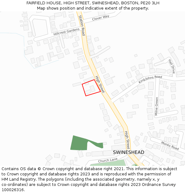 FAIRFIELD HOUSE, HIGH STREET, SWINESHEAD, BOSTON, PE20 3LH: Location map and indicative extent of plot