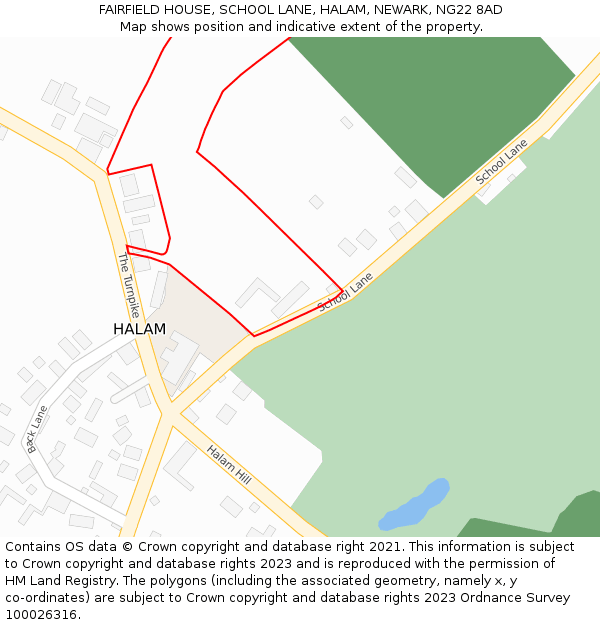 FAIRFIELD HOUSE, SCHOOL LANE, HALAM, NEWARK, NG22 8AD: Location map and indicative extent of plot