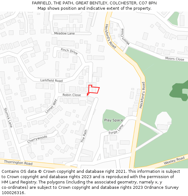 FAIRFIELD, THE PATH, GREAT BENTLEY, COLCHESTER, CO7 8PN: Location map and indicative extent of plot