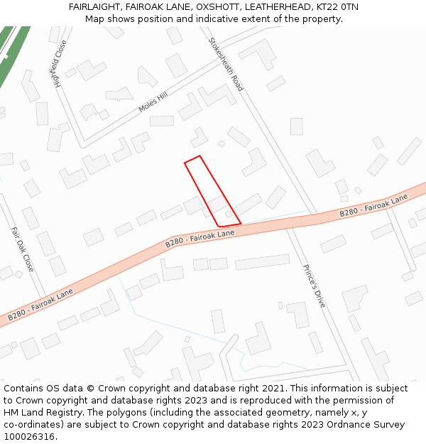 FAIRLAIGHT, FAIROAK LANE, OXSHOTT, LEATHERHEAD, KT22 0TN: Location map and indicative extent of plot