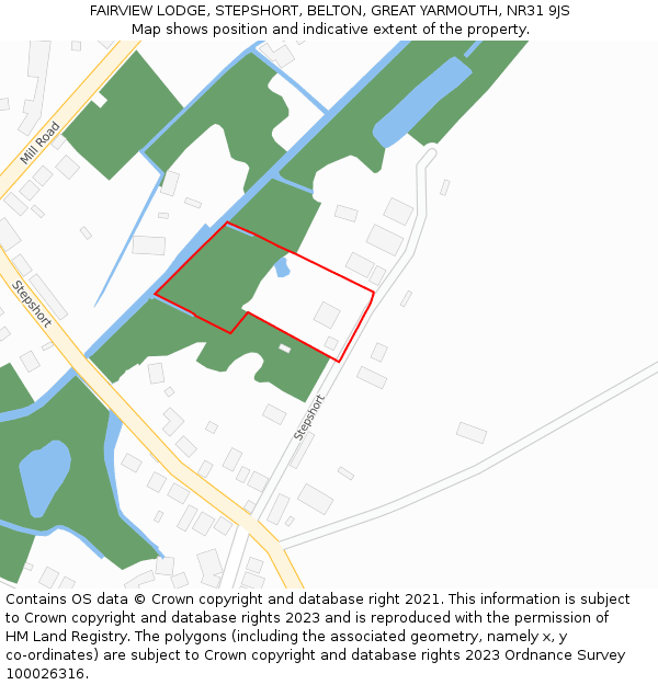 FAIRVIEW LODGE, STEPSHORT, BELTON, GREAT YARMOUTH, NR31 9JS: Location map and indicative extent of plot