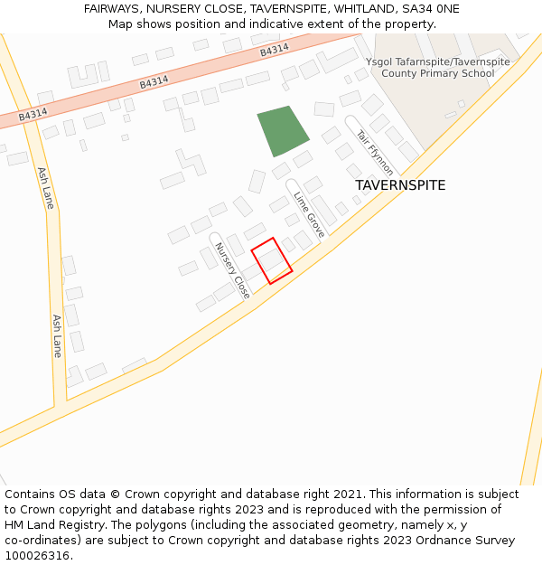 FAIRWAYS, NURSERY CLOSE, TAVERNSPITE, WHITLAND, SA34 0NE: Location map and indicative extent of plot