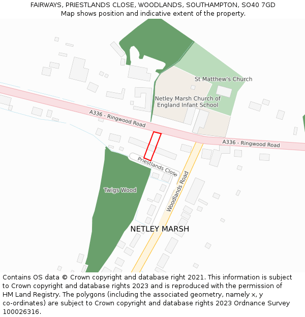 FAIRWAYS, PRIESTLANDS CLOSE, WOODLANDS, SOUTHAMPTON, SO40 7GD: Location map and indicative extent of plot