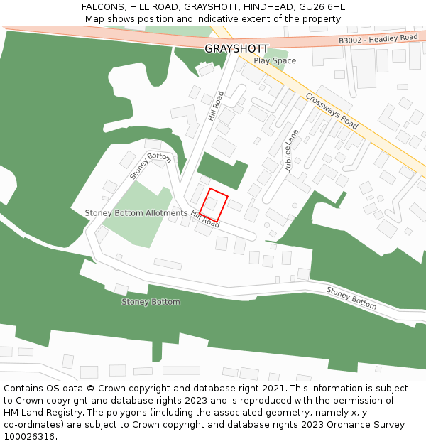 FALCONS, HILL ROAD, GRAYSHOTT, HINDHEAD, GU26 6HL: Location map and indicative extent of plot