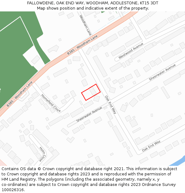 FALLOWDENE, OAK END WAY, WOODHAM, ADDLESTONE, KT15 3DT: Location map and indicative extent of plot