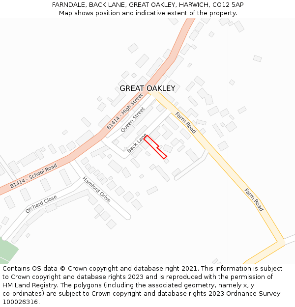 FARNDALE, BACK LANE, GREAT OAKLEY, HARWICH, CO12 5AP: Location map and indicative extent of plot