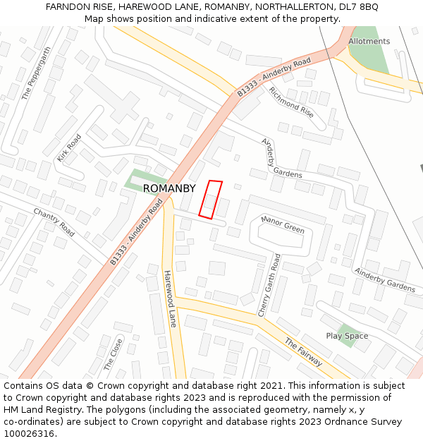 FARNDON RISE, HAREWOOD LANE, ROMANBY, NORTHALLERTON, DL7 8BQ: Location map and indicative extent of plot