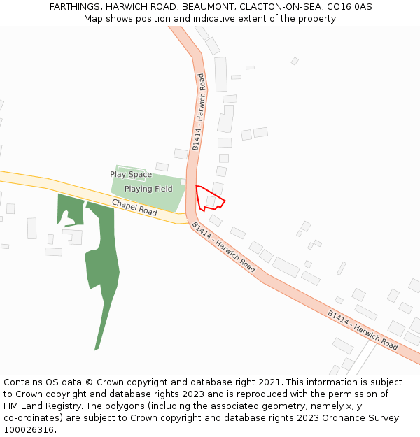 FARTHINGS, HARWICH ROAD, BEAUMONT, CLACTON-ON-SEA, CO16 0AS: Location map and indicative extent of plot