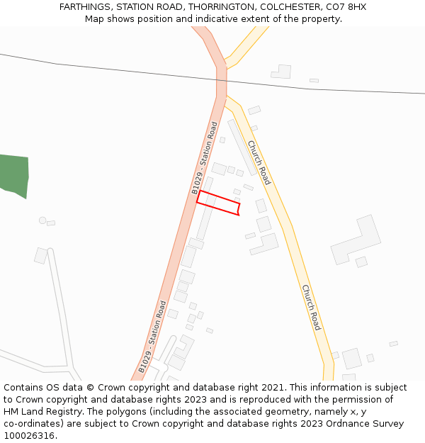 FARTHINGS, STATION ROAD, THORRINGTON, COLCHESTER, CO7 8HX: Location map and indicative extent of plot