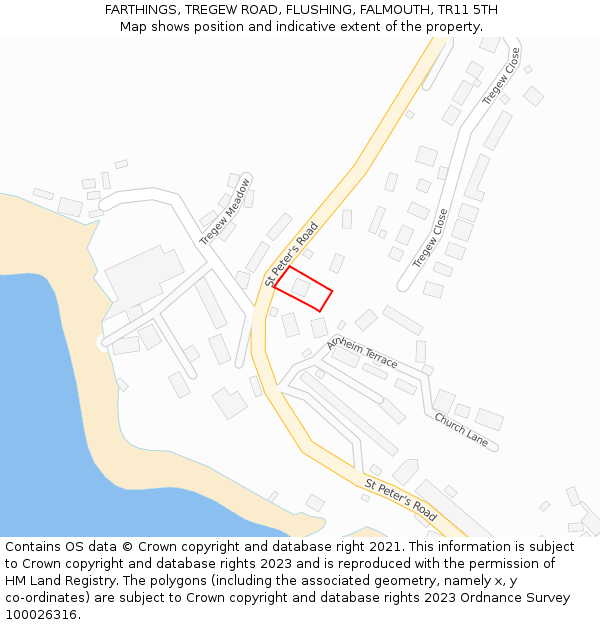 FARTHINGS, TREGEW ROAD, FLUSHING, FALMOUTH, TR11 5TH: Location map and indicative extent of plot