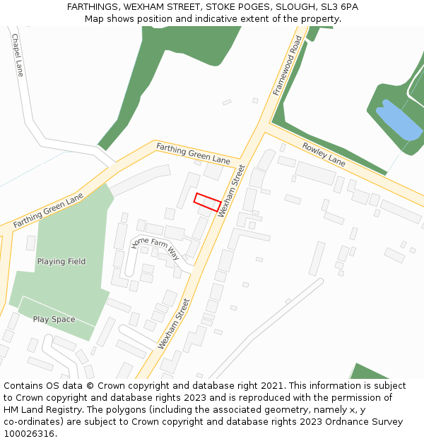 FARTHINGS, WEXHAM STREET, STOKE POGES, SLOUGH, SL3 6PA: Location map and indicative extent of plot