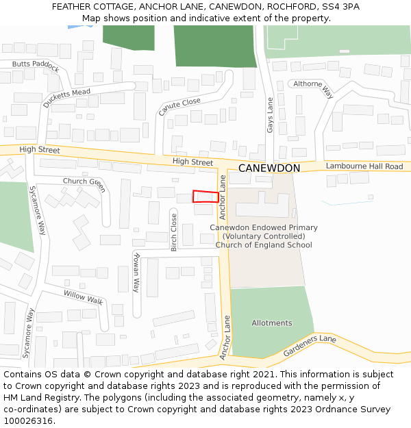 FEATHER COTTAGE, ANCHOR LANE, CANEWDON, ROCHFORD, SS4 3PA: Location map and indicative extent of plot