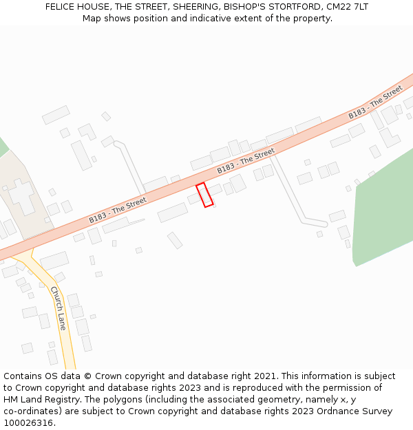 FELICE HOUSE, THE STREET, SHEERING, BISHOP'S STORTFORD, CM22 7LT: Location map and indicative extent of plot