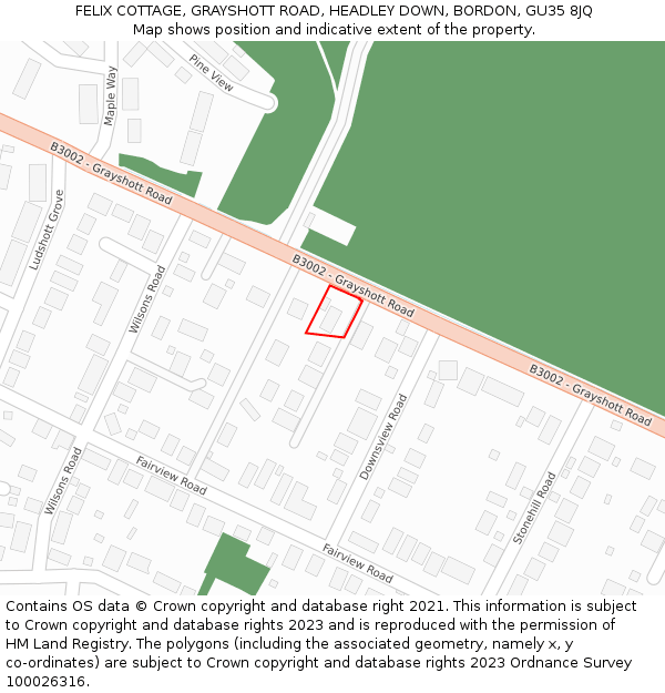 FELIX COTTAGE, GRAYSHOTT ROAD, HEADLEY DOWN, BORDON, GU35 8JQ: Location map and indicative extent of plot