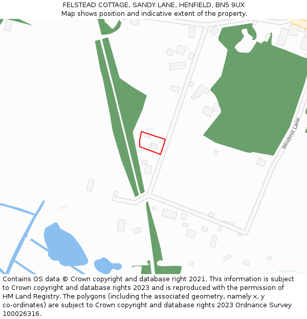 FELSTEAD COTTAGE, SANDY LANE, HENFIELD, BN5 9UX: Location map and indicative extent of plot