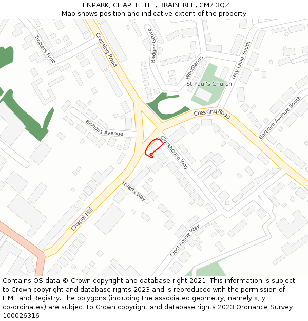 FENPARK, CHAPEL HILL, BRAINTREE, CM7 3QZ: Location map and indicative extent of plot