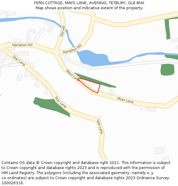 FERN COTTAGE, MAYS LANE, AVENING, TETBURY, GL8 8NX: Location map and indicative extent of plot