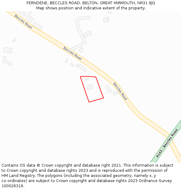 FERNDENE, BECCLES ROAD, BELTON, GREAT YARMOUTH, NR31 9JQ: Location map and indicative extent of plot