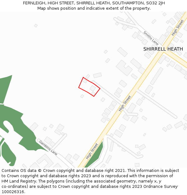FERNLEIGH, HIGH STREET, SHIRRELL HEATH, SOUTHAMPTON, SO32 2JH: Location map and indicative extent of plot