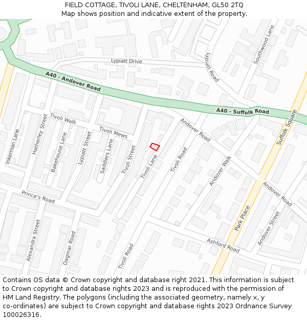 FIELD COTTAGE, TIVOLI LANE, CHELTENHAM, GL50 2TQ: Location map and indicative extent of plot