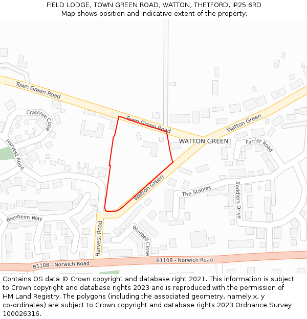 FIELD LODGE, TOWN GREEN ROAD, WATTON, THETFORD, IP25 6RD: Location map and indicative extent of plot