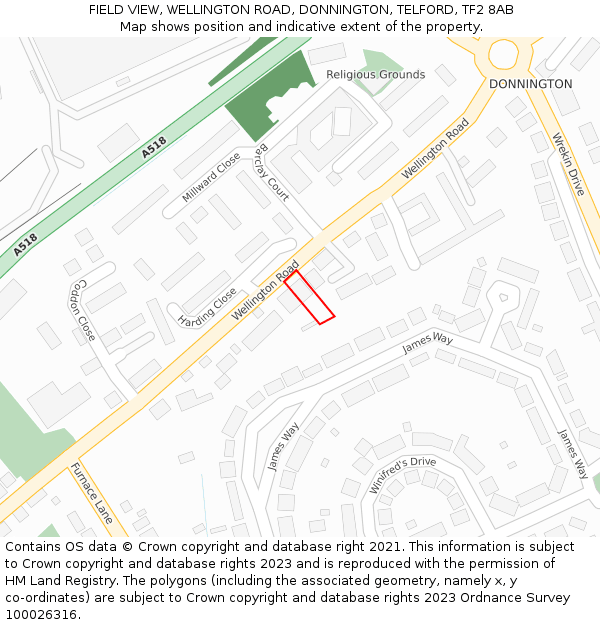 FIELD VIEW, WELLINGTON ROAD, DONNINGTON, TELFORD, TF2 8AB: Location map and indicative extent of plot