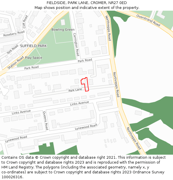 FIELDSIDE, PARK LANE, CROMER, NR27 0ED: Location map and indicative extent of plot