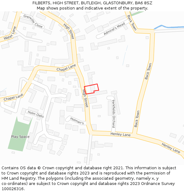 FILBERTS, HIGH STREET, BUTLEIGH, GLASTONBURY, BA6 8SZ: Location map and indicative extent of plot