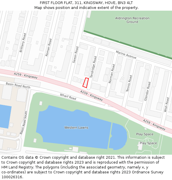 FIRST FLOOR FLAT, 311, KINGSWAY, HOVE, BN3 4LT: Location map and indicative extent of plot