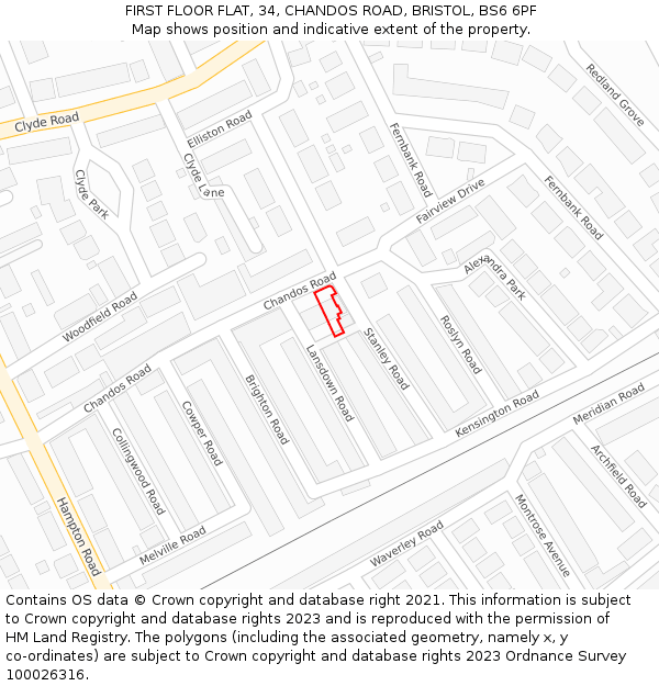 FIRST FLOOR FLAT, 34, CHANDOS ROAD, BRISTOL, BS6 6PF: Location map and indicative extent of plot