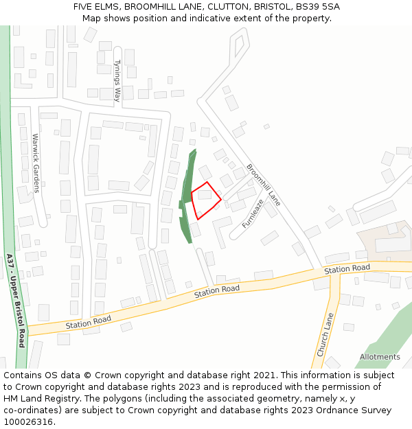 FIVE ELMS, BROOMHILL LANE, CLUTTON, BRISTOL, BS39 5SA: Location map and indicative extent of plot