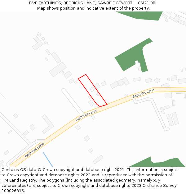 FIVE FARTHINGS, REDRICKS LANE, SAWBRIDGEWORTH, CM21 0RL: Location map and indicative extent of plot