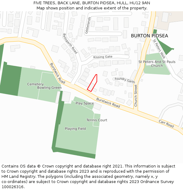 FIVE TREES, BACK LANE, BURTON PIDSEA, HULL, HU12 9AN: Location map and indicative extent of plot