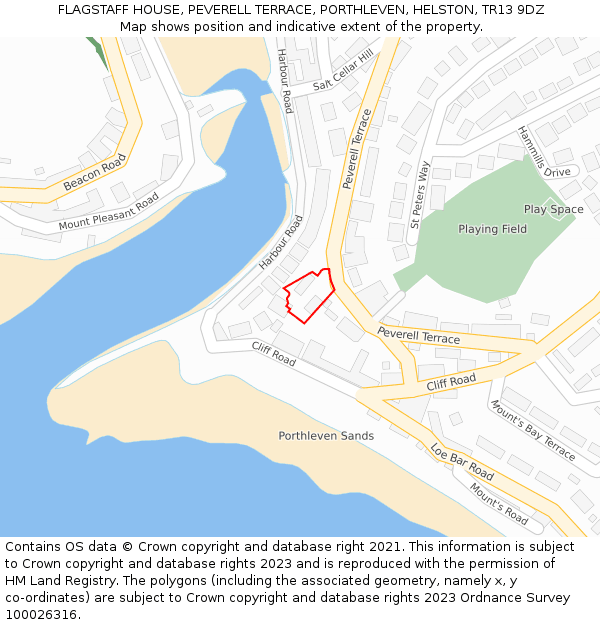 FLAGSTAFF HOUSE, PEVERELL TERRACE, PORTHLEVEN, HELSTON, TR13 9DZ: Location map and indicative extent of plot