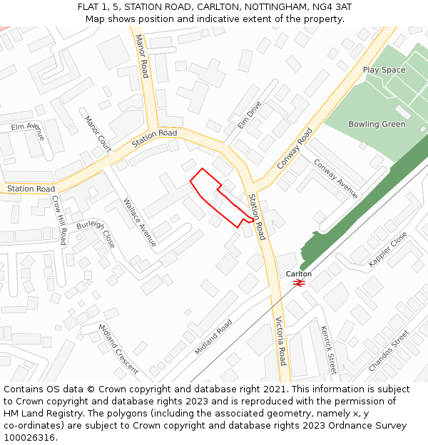 FLAT 1, 5, STATION ROAD, CARLTON, NOTTINGHAM, NG4 3AT: Location map and indicative extent of plot